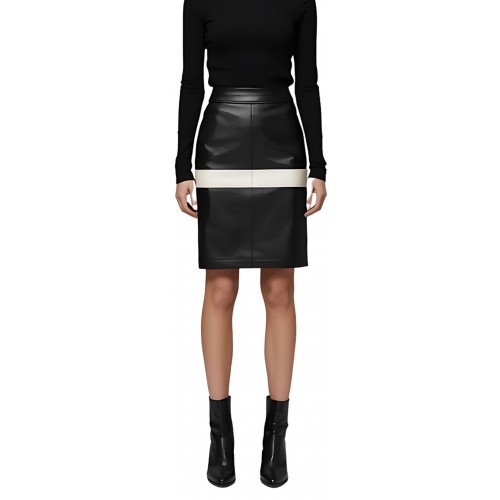 Jupe mi longue en cuir d'agneau bicolore noir et blanc modèle Thaïs