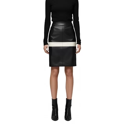 Jupe mi longue en cuir d'agneau bicolore noir et blanc modèle Thaïs Jupe mi longue en cuir d'agneau bicolore noir et blanc modèle Thaïs