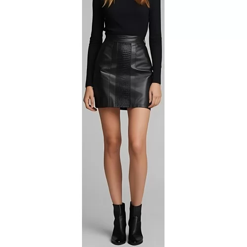 Jupe courte en cuir d'agneau noir et cuir d'agneau imprimé crocodile modèle Justinia Jupe courte en cuir d'agneau noir et cuir d'agneau imprimé crocodile modèle Justinia