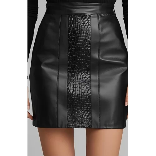 Jupe courte en cuir d'agneau noir et cuir d'agneau imprimé crocodile modèle Justinia
