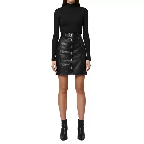 Jupe mi longue en cuir d'agneau noir et cuir d'agneau imprimé crocodile modèle Embiza Jupe mi longue en cuir d'agneau noir et cuir d'agneau imprimé crocodile modèle Embiza