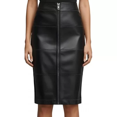 Jupe fuseau longue en cuir d'agneau noir avec bandes en cuir d'agneau impression crocodile modèle Hirisse