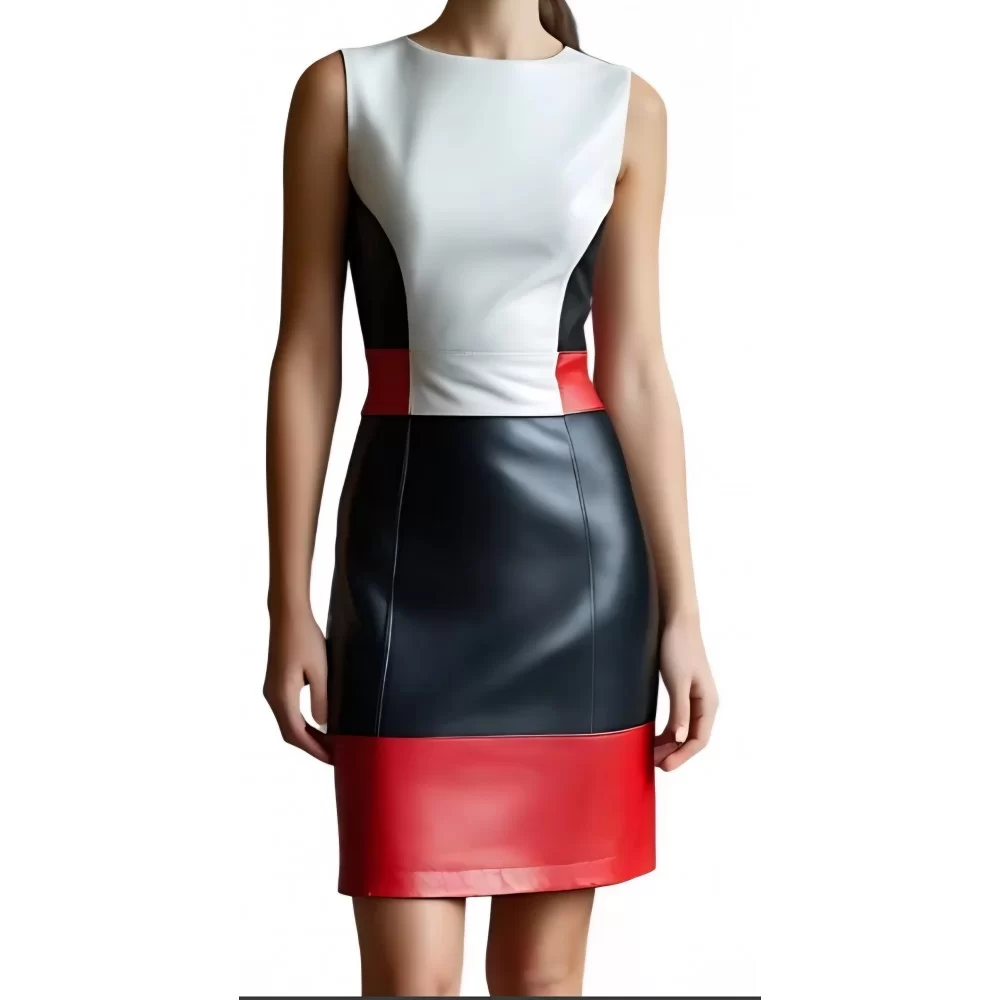 Robe mi longue en cuir d'agneau de trois couleurs noir blanc et rouge sans manches modèle Airma Robe mi longue en cuir d'agneau de trois couleurs noir blanc et rouge sans manches modèle Airma