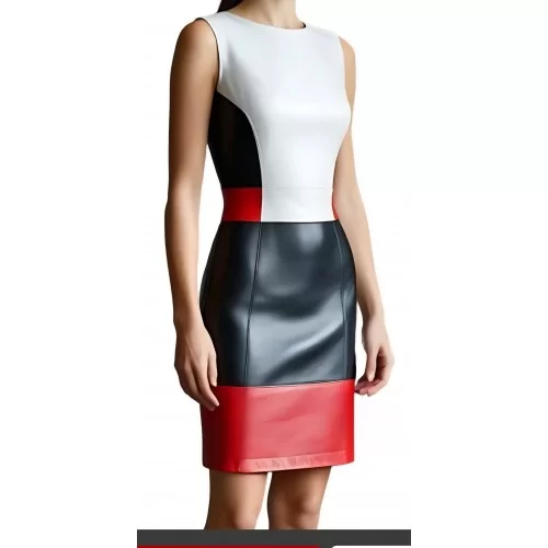 Robe mi longue en cuir d'agneau de trois couleurs noir blanc et rouge sans manches modèle Airma