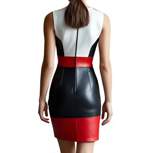 Robe mi longue en cuir d'agneau de trois couleurs noir blanc et rouge sans manches modèle Airma