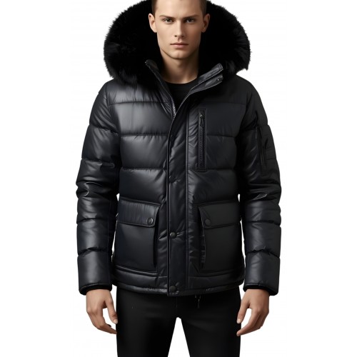 Trois quart doudoune homme à capuche agneau noir capuche bords renard véritable noir modèle Achilo
