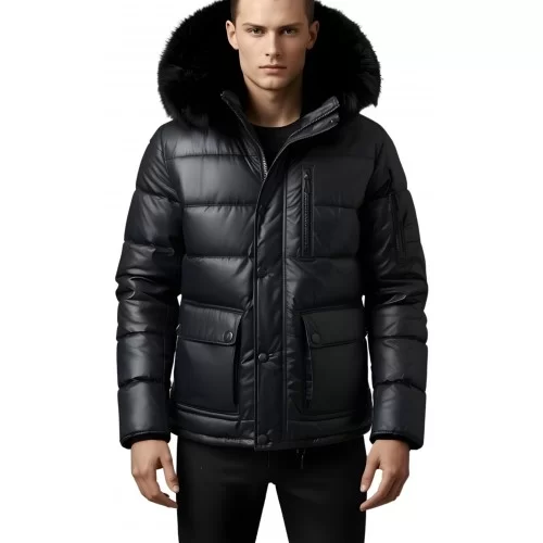 Trois quart doudoune homme à capuche agneau noir capuche bords renard véritable noir modèle Achilo