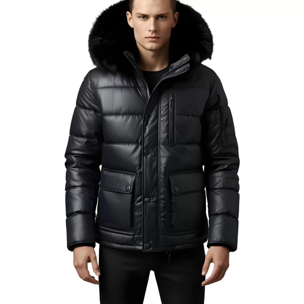 Trois quart doudoune homme à capuche agneau noir capuche bords renard véritable noir modèle Achilo