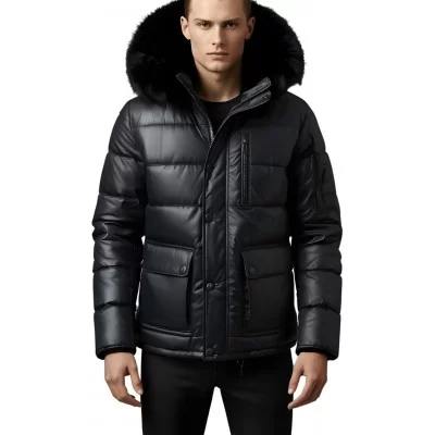 Trois quart doudoune homme à capuche agneau noir capuche bords renard véritable noir modèle Achilo