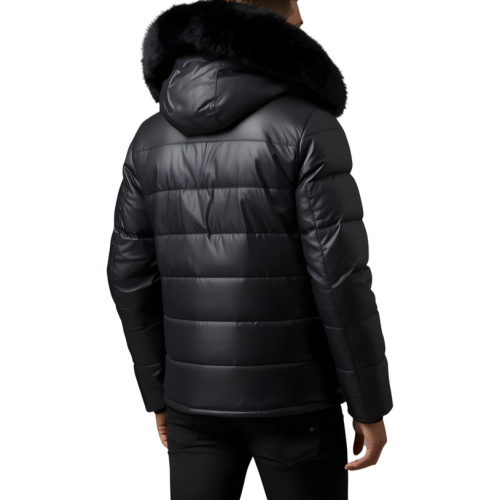 Trois quart doudoune homme à capuche agneau noir capuche bords renard véritable noir modèle Achilo