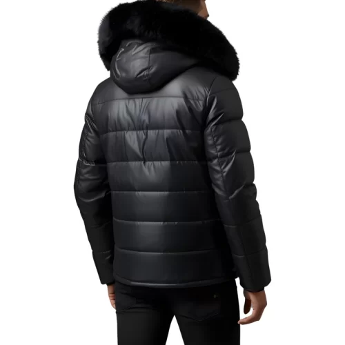 Trois quart doudoune homme à capuche agneau noir capuche bords renard véritable noir modèle Achilo