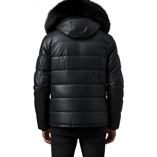 Trois quart doudoune homme à capuche agneau noir capuche bords renard véritable noir modèle Achilo
