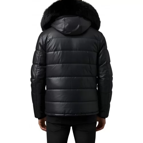 Trois quart doudoune homme à capuche agneau noir capuche bords renard véritable noir modèle Achilo