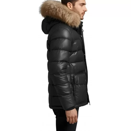 Trois quart doudoune homme à capuche agneau noir capuche bords renard véritable naturel modèle Amaury
