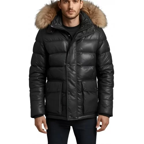 Trois quart doudoune homme à capuche agneau noir capuche bords renard véritable naturel modèle Amaury