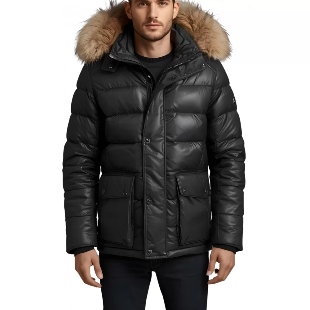 Trois quart doudoune homme à capuche agneau noir capuche bords renard véritable naturel modèle Amaury
