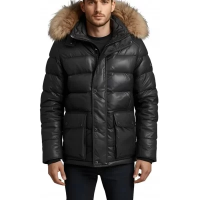 Trois quart doudoune homme à capuche agneau noir capuche bords renard véritable naturel modèle Amaury