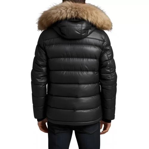 Trois quart doudoune homme à capuche agneau noir capuche bords renard véritable naturel modèle Amaury