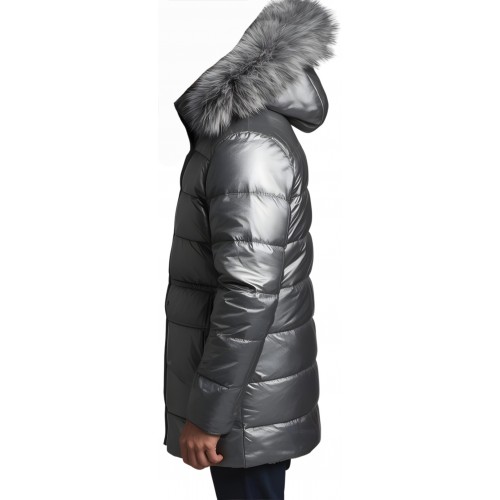 Doudoune homme à capuche agneau métal gris capuche bords renard véritable gris argenté modèle Cosmoce