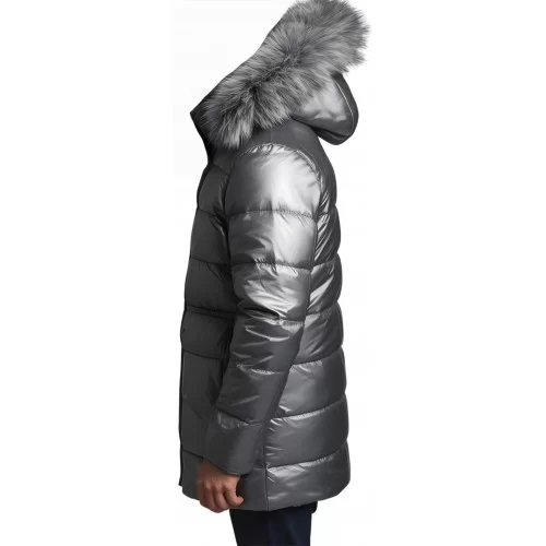 Doudoune homme à capuche agneau métal gris capuche bords renard véritable gris argenté modèle Cosmoce