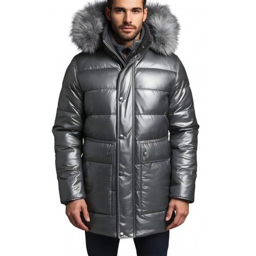 Doudoune homme à capuche agneau métal gris capuche bords renard véritable gris argenté modèle Cosmoce