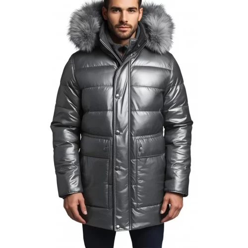 Doudoune homme à capuche agneau métal gris capuche bords renard véritable gris argenté modèle Cosmoce