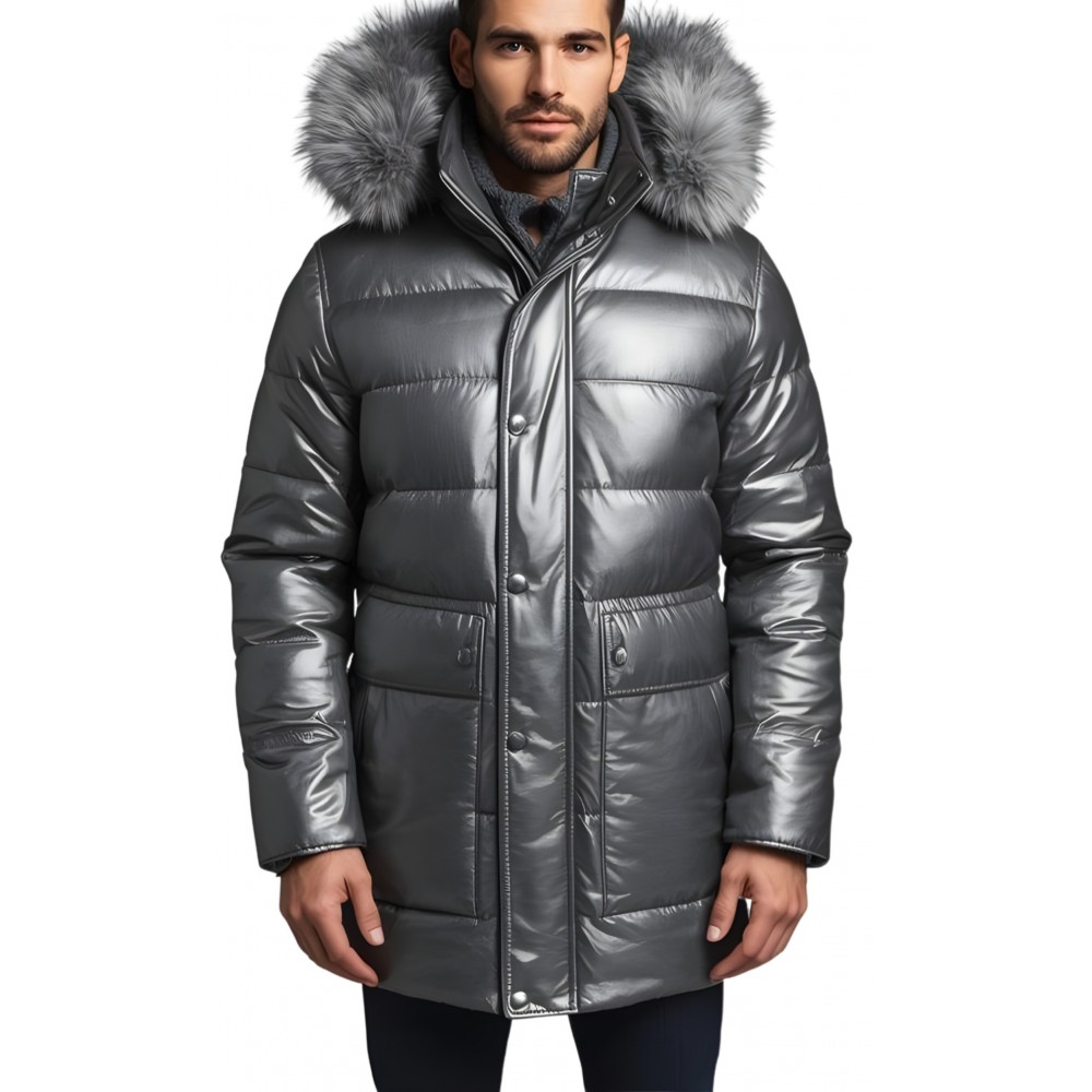 Doudoune homme à capuche agneau métal gris capuche bords renard véritable gris argenté modèle Cosmoce