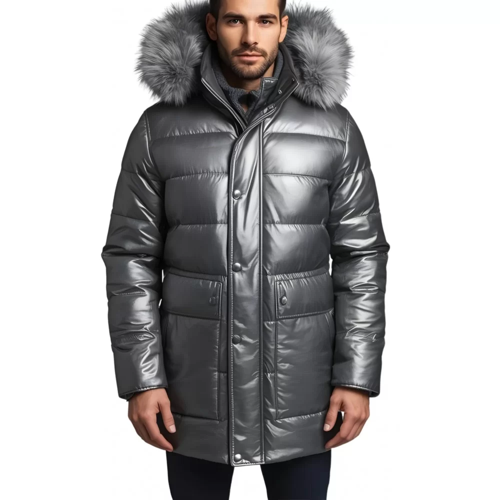 Doudoune homme à capuche agneau métal gris capuche bords renard véritable gris argenté modèle Cosmoce