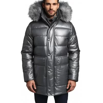 Doudoune homme à capuche agneau métal gris capuche bords renard véritable gris argenté modèle Cosmoce