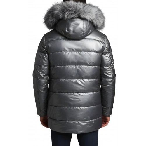 Doudoune homme à capuche agneau métal gris capuche bords renard véritable gris argenté modèle Cosmoce