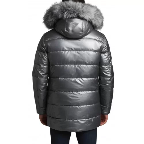 Doudoune homme à capuche agneau métal gris capuche bords renard véritable gris argenté modèle Cosmoce