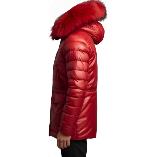 Trois quart doudoune homme à capuche agneau noir capuche bords renard véritable rouge modèle Diego