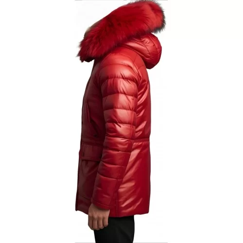 Trois quart doudoune homme à capuche agneau noir capuche bords renard véritable rouge modèle Diego