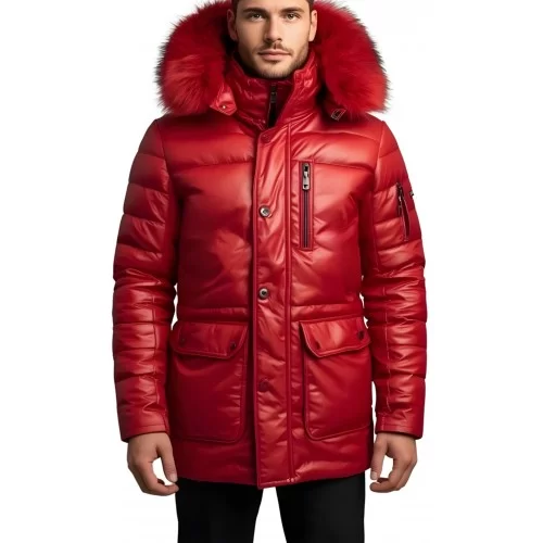 Trois quart doudoune homme à capuche agneau noir capuche bords renard véritable rouge modèle Diego