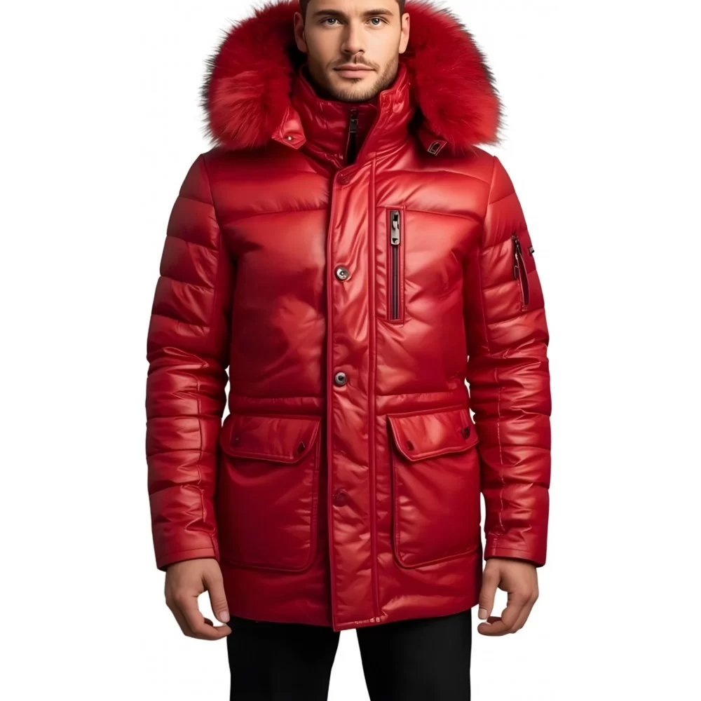 Trois quart doudoune homme à capuche agneau noir capuche bords renard véritable rouge modèle Diego