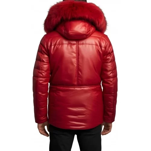 Trois quart doudoune homme à capuche agneau noir capuche bords renard véritable rouge modèle Diego