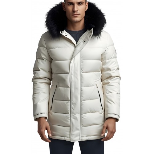 Trois quart doudoune homme à capuche agneau blanc capuche bords renard véritable noir modèle Dariuce