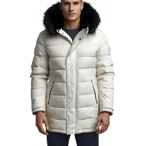 Trois quart doudoune homme à capuche agneau blanc capuche bords renard véritable noir modèle Dariuce