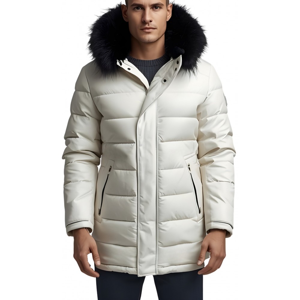 Trois quart doudoune homme à capuche agneau blanc capuche bords renard véritable noir modèle Dariuce