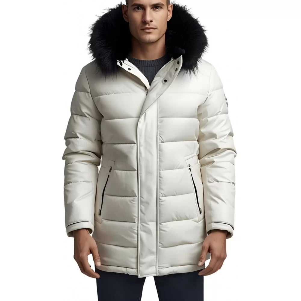 Trois quart doudoune homme à capuche agneau blanc capuche bords renard véritable noir modèle Dariuce