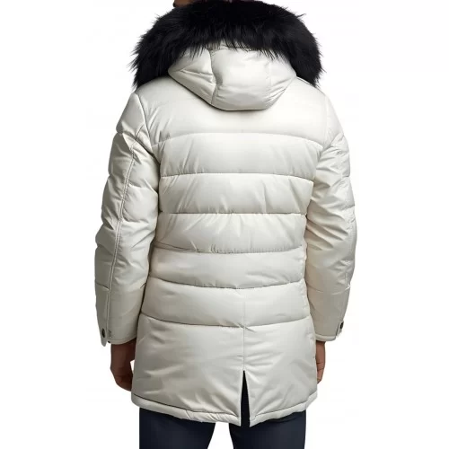 Trois quart doudoune homme à capuche agneau blanc capuche bords renard véritable noir modèle Dariuce