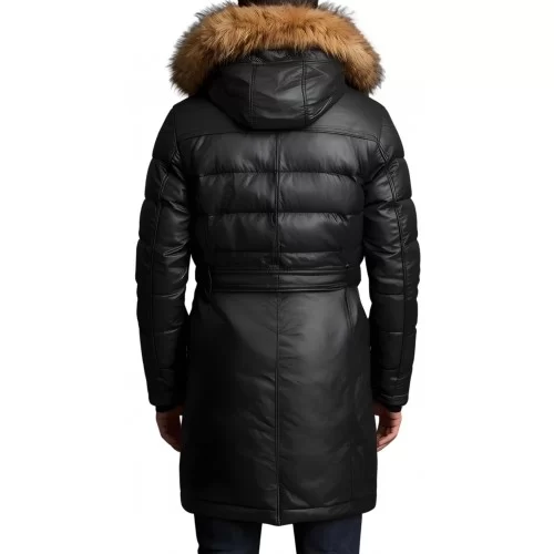 Doudoune longue homme à capuche agneau noir capuche bords renard véritable naturel modèle anthonin