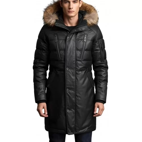 Doudoune longue homme à capuche agneau noir capuche bords renard véritable naturel modèle anthonin