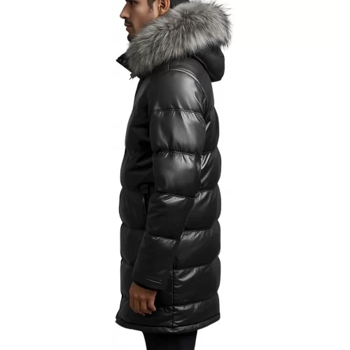 Doudoune longue homme cuir en agneau noir capuche amovible bords renard argenté véritable modèle Drony