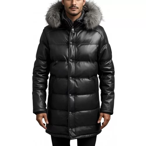 Doudoune longue homme cuir en agneau noir capuche amovible bords renard argenté véritable modèle Drony