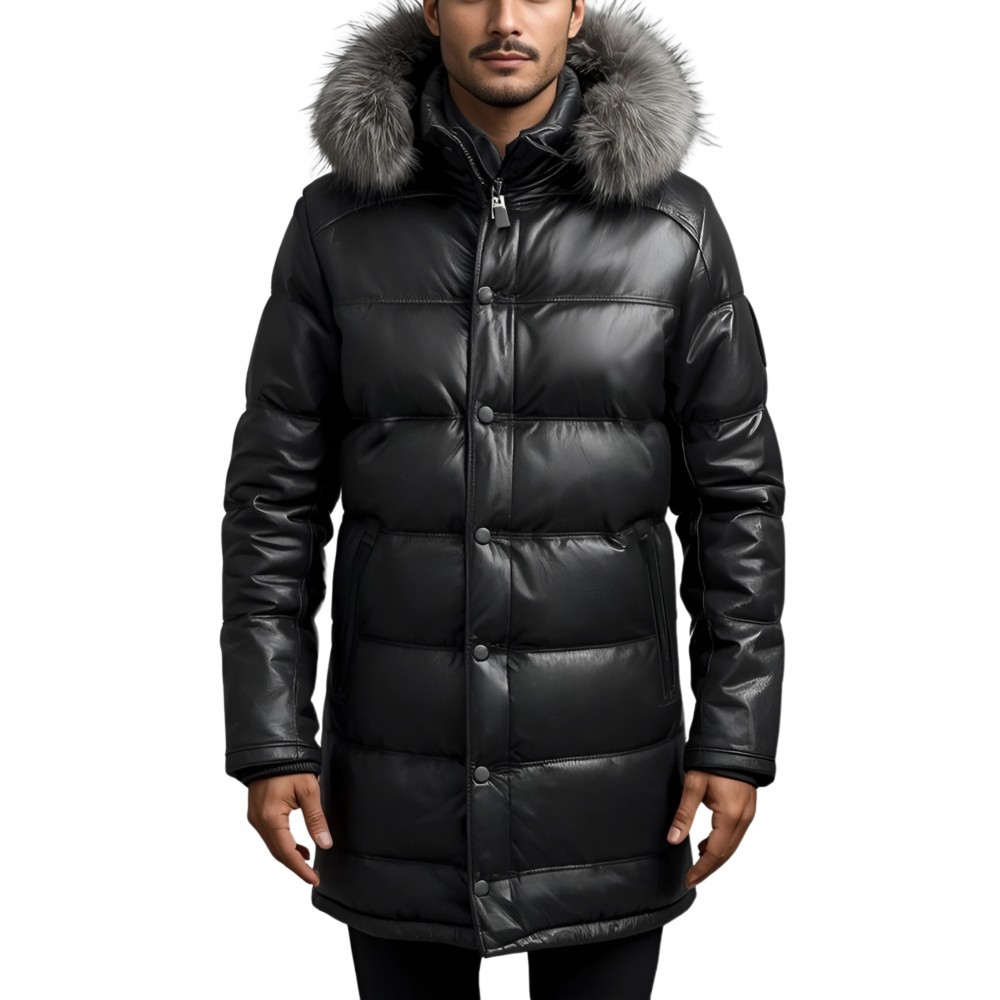 Doudoune longue homme cuir en agneau noir capuche amovible bords renard argenté véritable modèle Drony