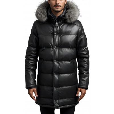 Doudoune longue homme cuir en agneau noir capuche amovible bords renard argenté véritable modèle Drony