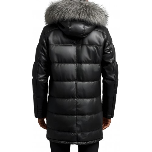 Doudoune longue homme cuir en agneau noir capuche amovible bords renard argenté véritable modèle Drony