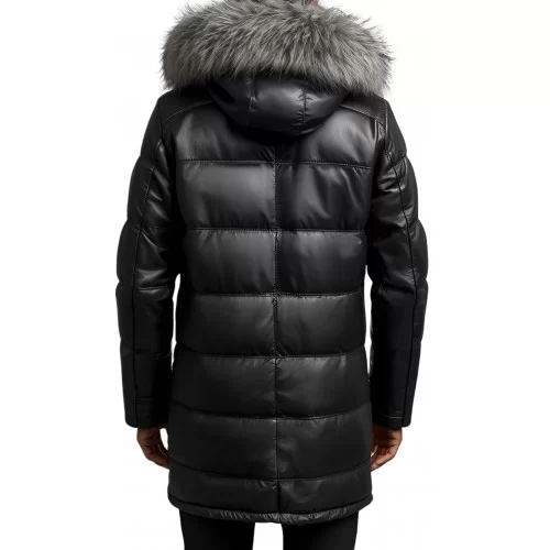 Doudoune longue homme cuir en agneau noir capuche amovible bords renard argenté véritable modèle Drony