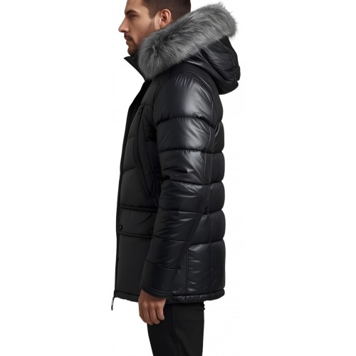 Doudoune trois quart homme en  cuir d'agneau noir capuche amovible bords renard argenté véritable modèle Loula